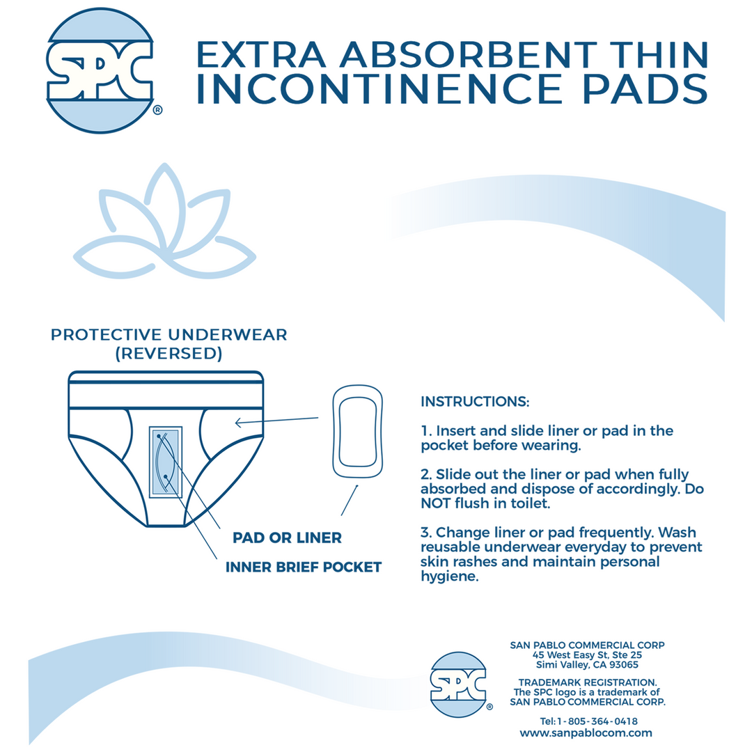 SPC extra absorbent thin incontinence pads with instructions and product diagram on a white background