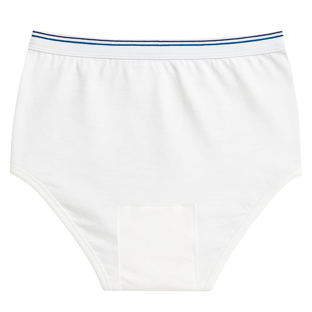 White SPC men's reusable cotton underwear with blue trim on a white background