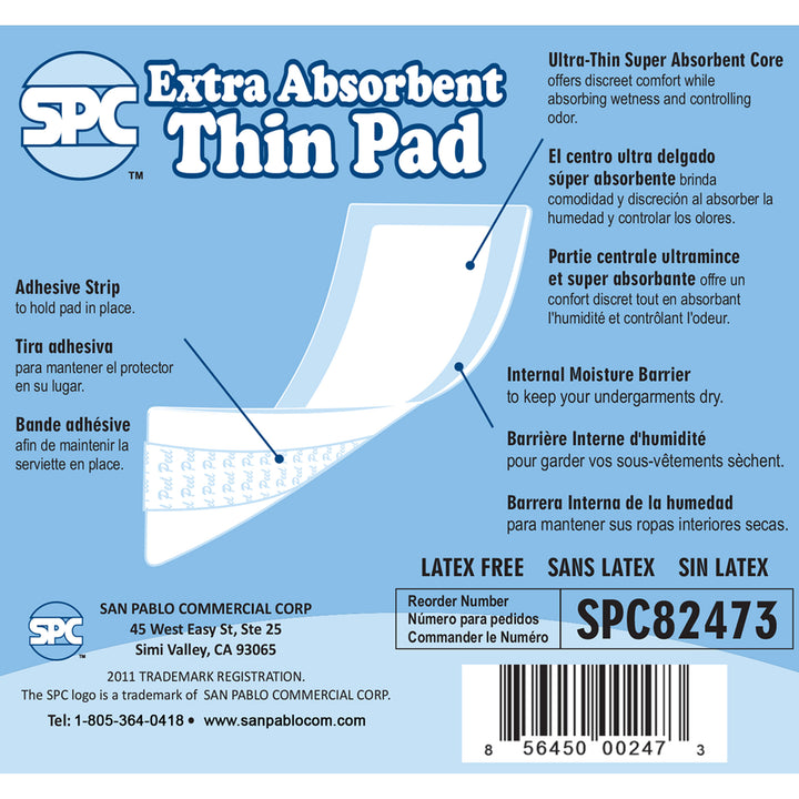 SPC Extra Absorbent Thin Pad label with product details and SPC logo.