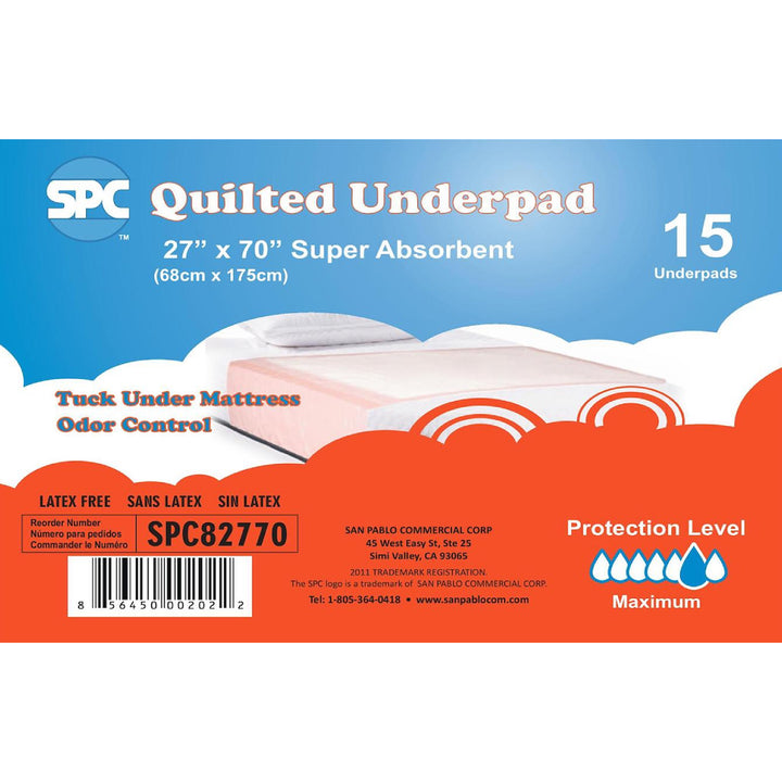 Packaging for SPC Quilted Underpad with Tuck in Sides, showing the product as a white disposable bed pad with adhesive strips, and the package stating 27 x 70 inches, super absorbent, and including 75 pads.
