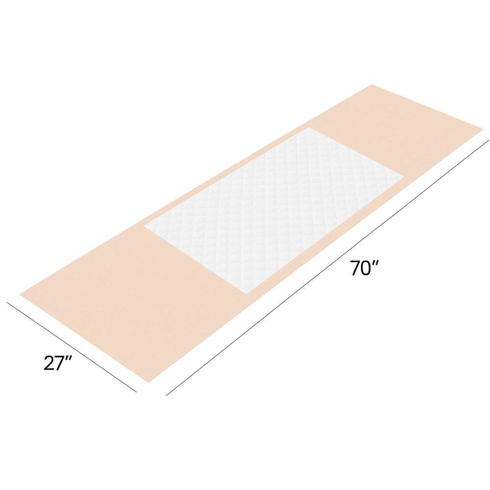 Measurement chart showing SPC Disposable Underpads with Tuck in Sides Bed Pads with peach borders and dimensions labeled 27" x 70"