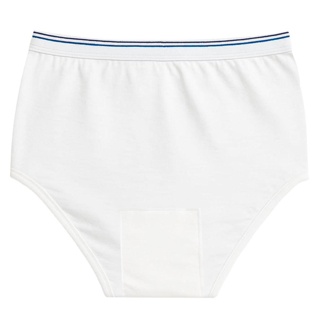 White SPC men's reusable cotton underwear with blue trim on a white background