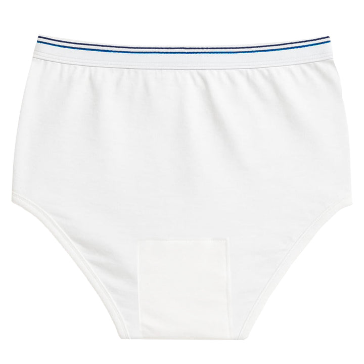 White SPC men's reusable cotton underwear with blue trim on a white background