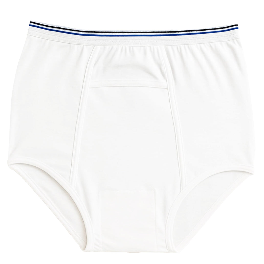 White SPC men's reusable cotton underwear with blue trim on a white background
