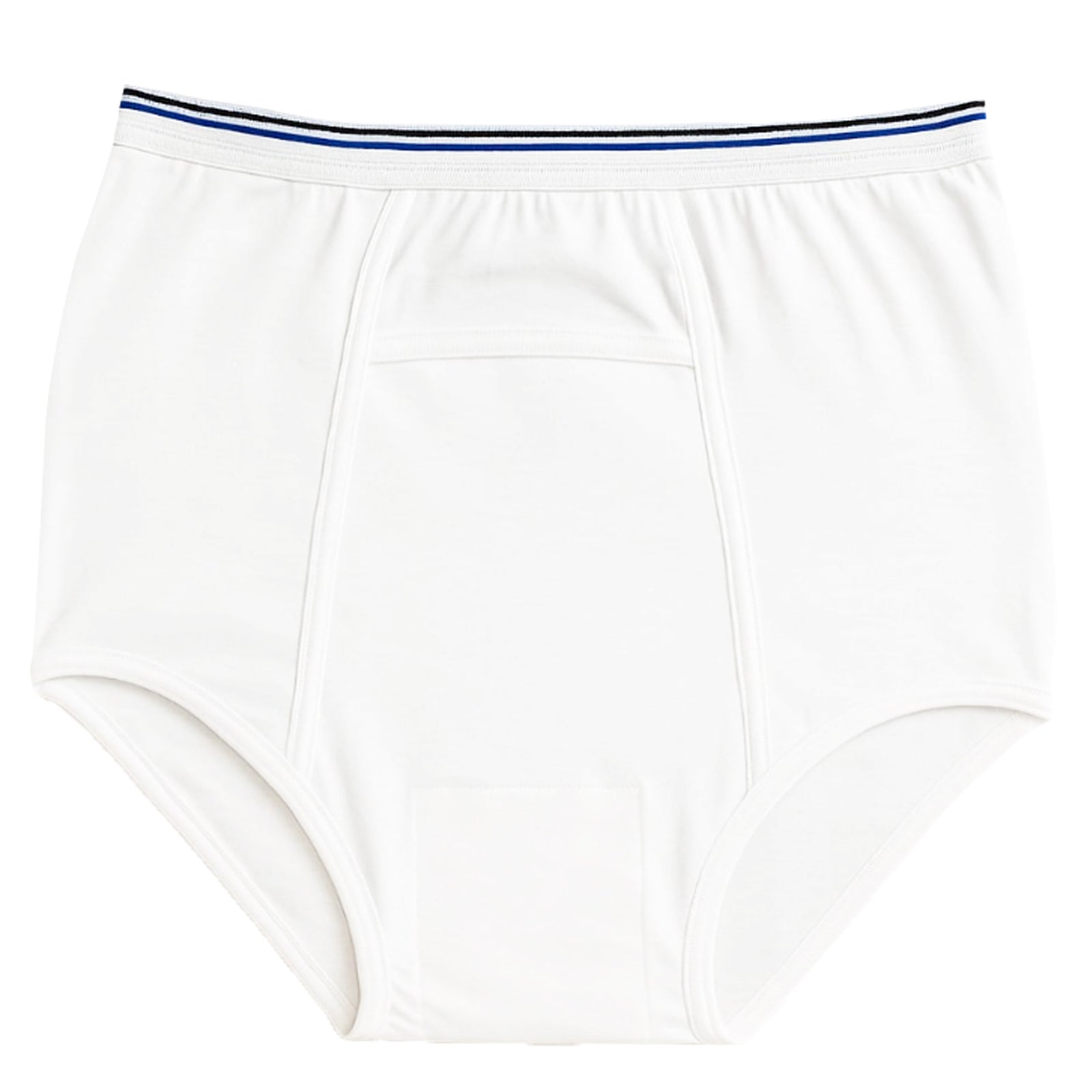 White SPC men's reusable cotton underwear with blue trim on a white background