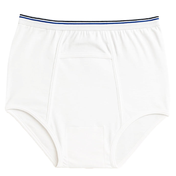 White SPC men's reusable cotton underwear with blue trim on a white background