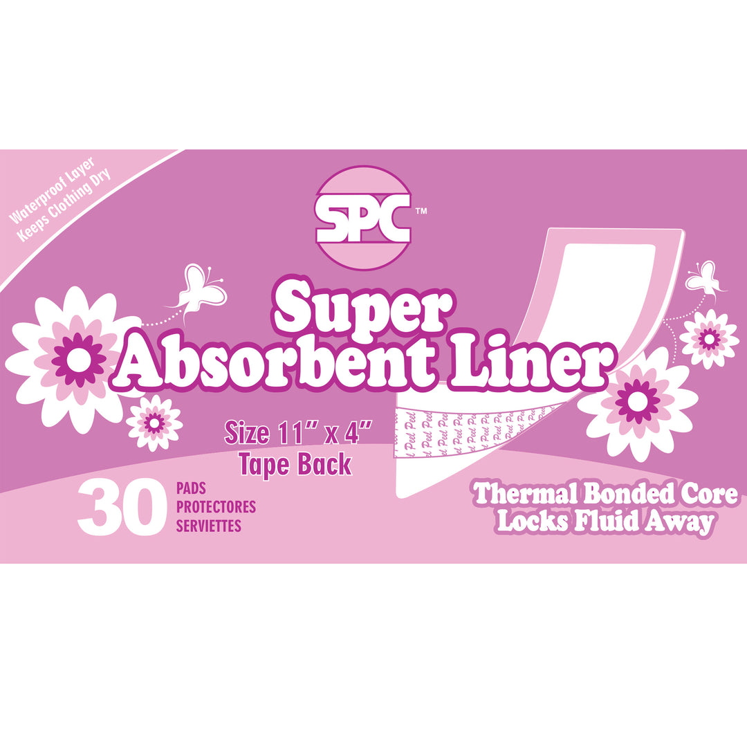 SPC Super Absorbent Liner packaging with pink background and product details.