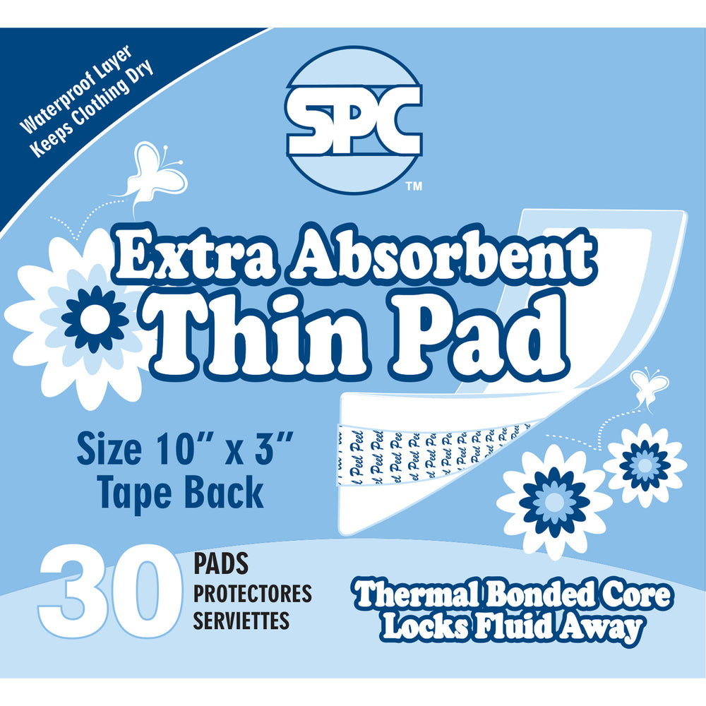 SPC Extra Absorbent Thin Pad packaging with blue and white design