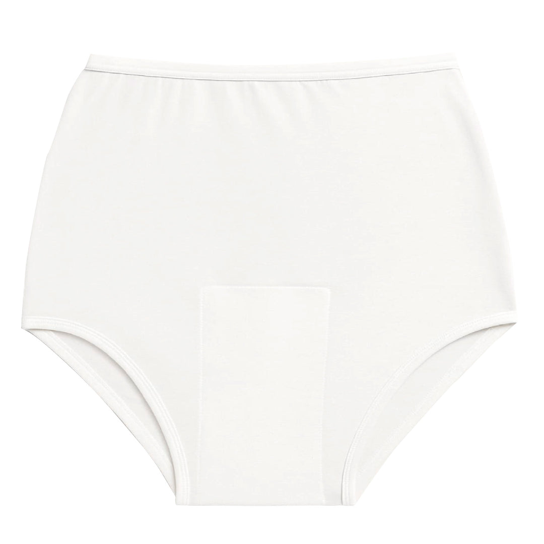 White SPC unisex reusable cotton underwear with white trim on a white background