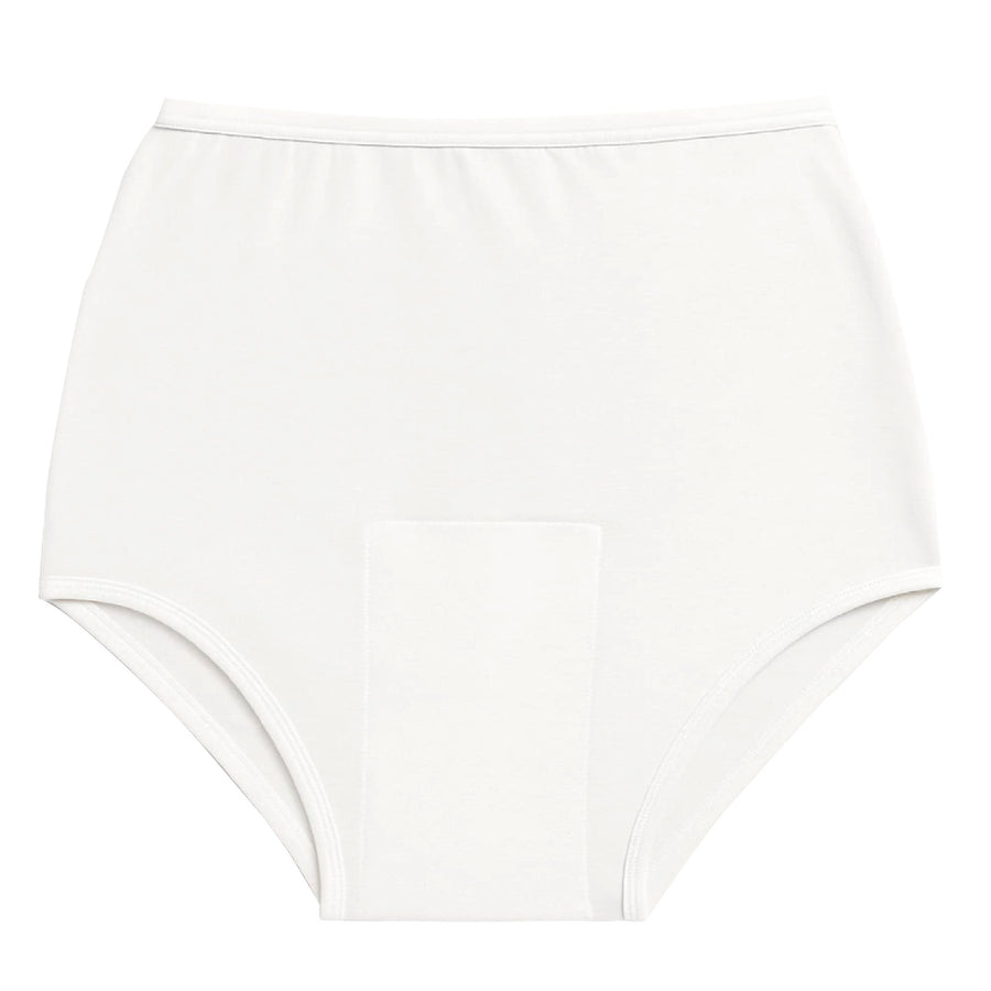 White SPC unisex reusable cotton underwear with white trim on a white background