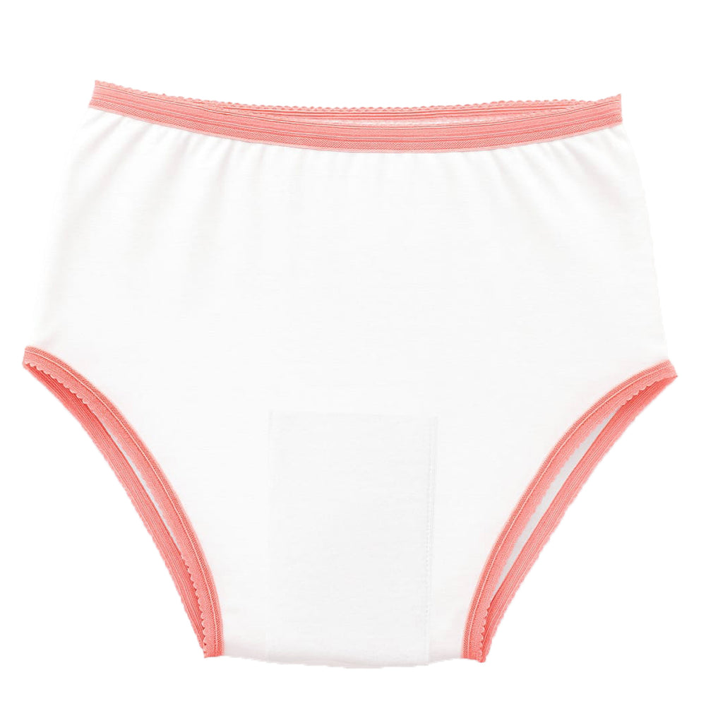 White SPC women's reusable cotton underwear with pink trim on a white background