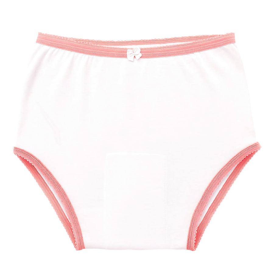 White SPC women's reusable cotton underwear with pink trim on a white background