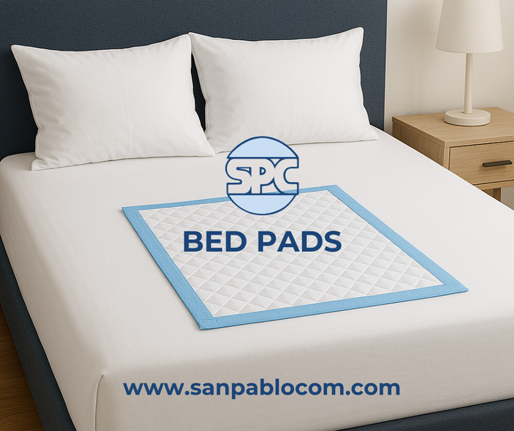 Bed pad on a bed with SPC logo and website text