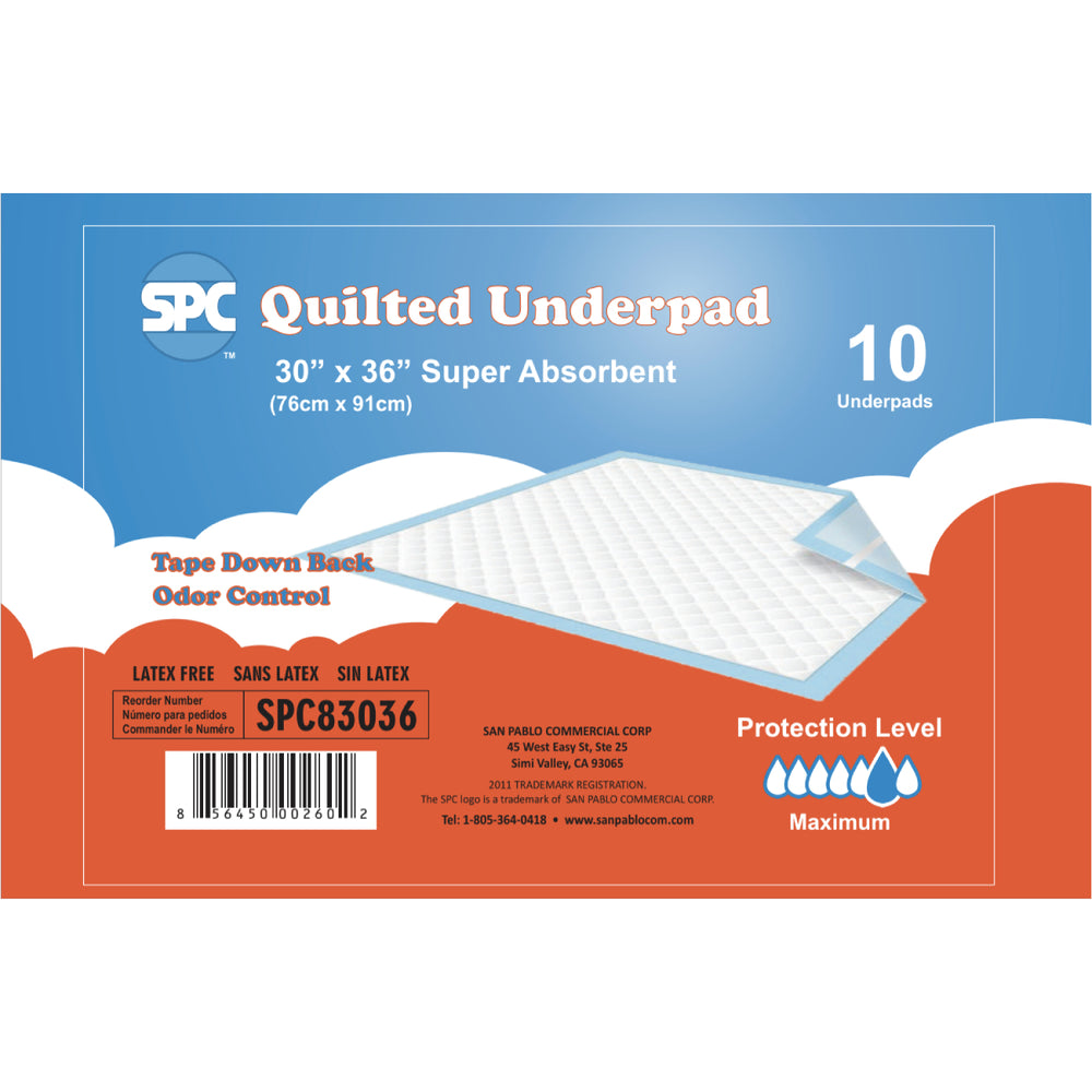 Packaging for SPC Quilted Underpad, showing the product as a white disposable bed pad with adhesive strips, and the package stating 30 x 36 inches, super absorbent, and including 100 pads.
