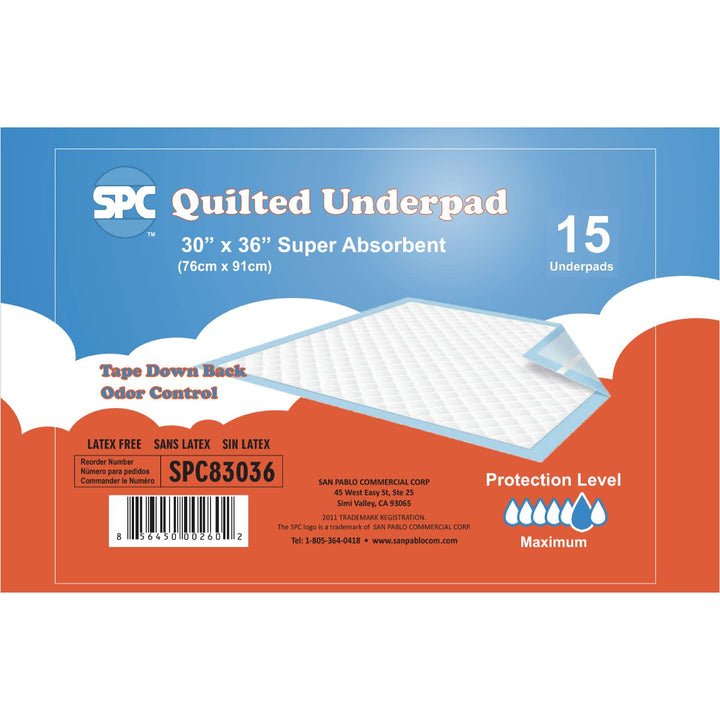 Packaging for SPC Quilted Underpad, showing the product as a white disposable bed pad with adhesive strips, and the package stating 30 x 36 inches, super absorbent, and including 75 pads.