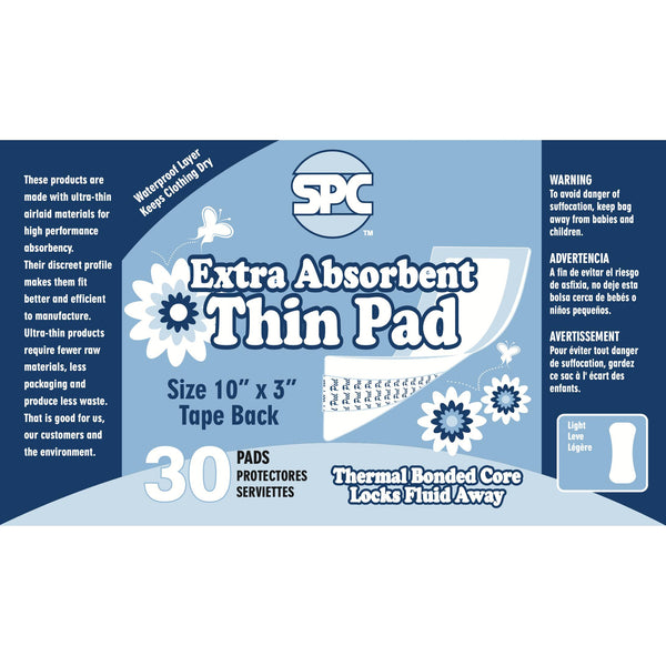 SPC Extra Absorbent Thin Pads, 6 Packs of 30 Pads (180 count)