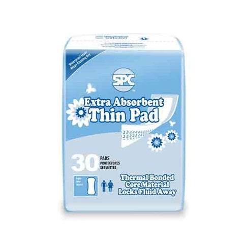 SPC Extra Absorbent Thin Pads (30 count) Thermal Bonded Core Material Locks Fluid Away Water Proof Layer Keeps Clothing Dry